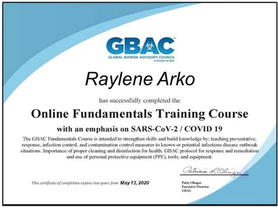 GBAC Trained Cleaners with special emphasis on Covid 19